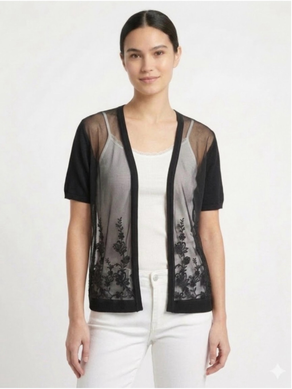 Sheer Black Short-Sleeve Embroidered Cardigan 224 formal party overlay Office